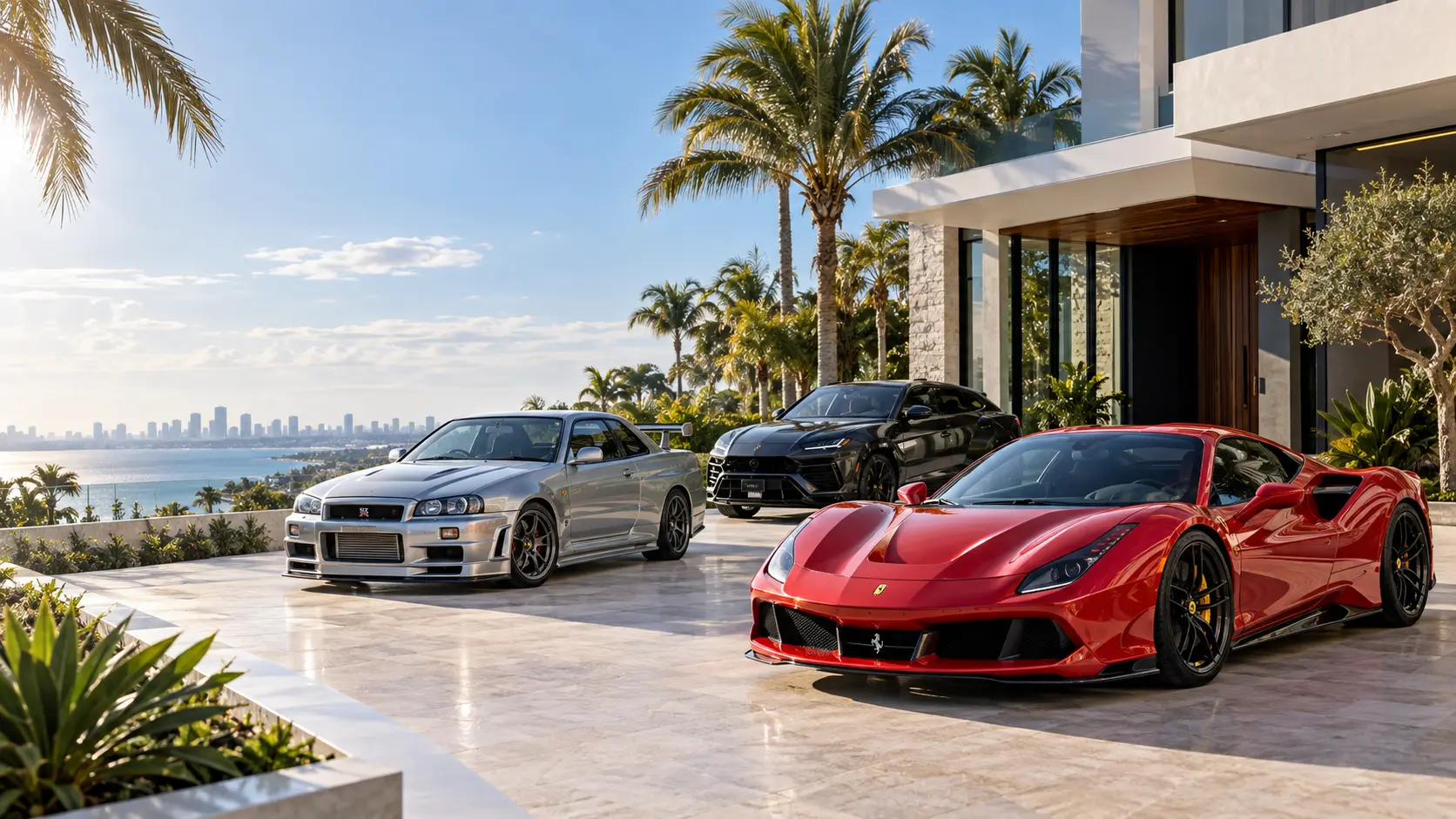 Silver coupe, black SUV, and red sports car parked on a sunlit villa terrace